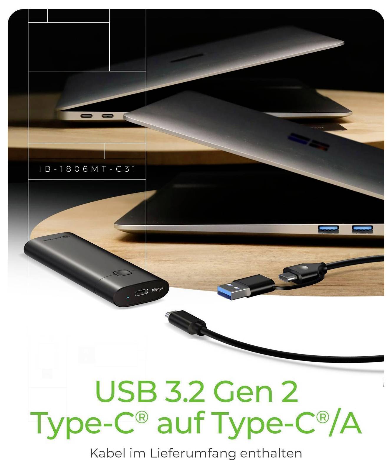 Zdjęcie produktu przedstawiające kabel USB 3.2 Gen 2 Type-C do Type-C/A dołączony do urządzenia, pokazujące powerbank oraz złącza USB-C i USB-A.