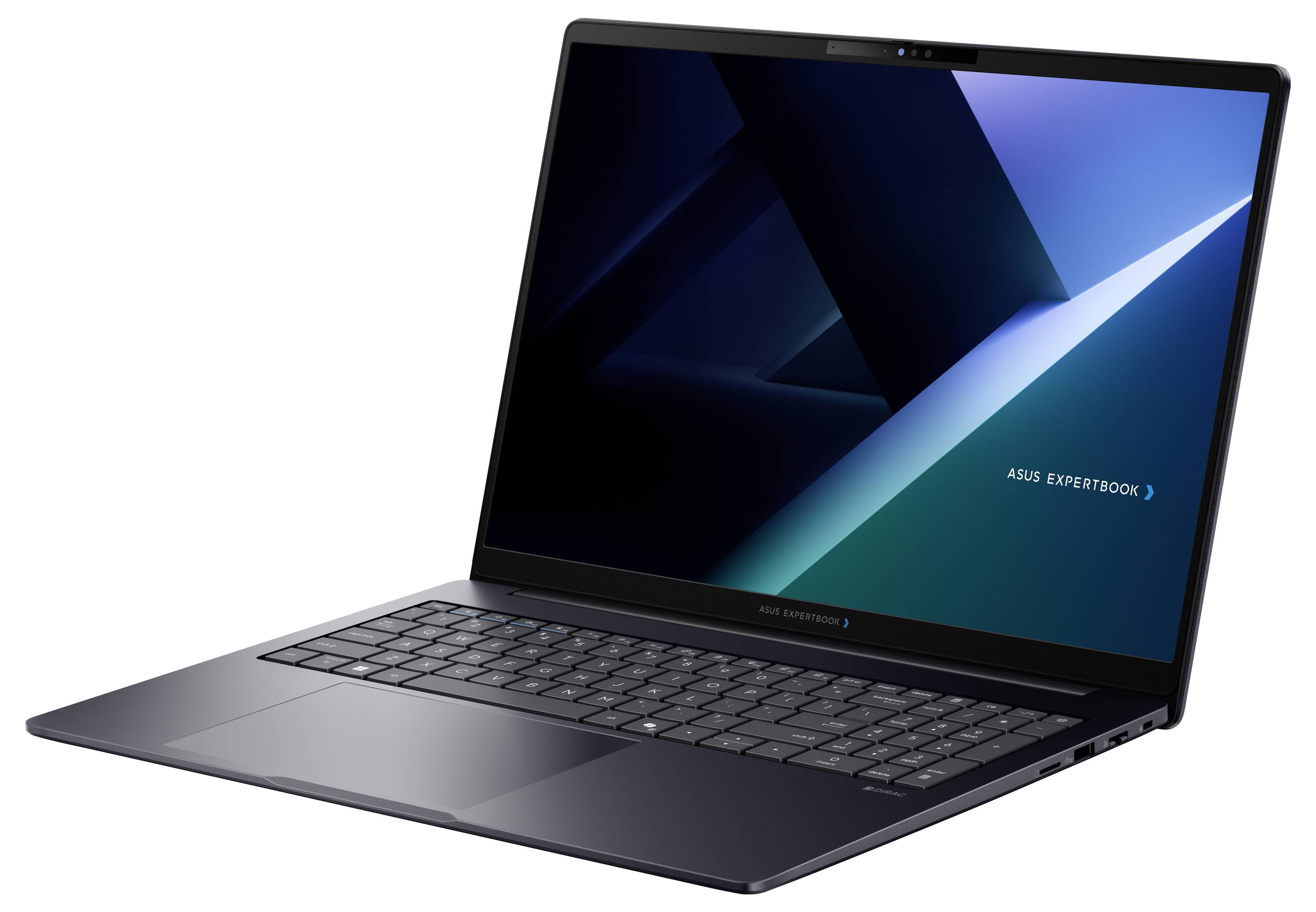 Otwierany laptop ASUS ExpertBook pokazany pod kątem na białym tle z ciemnoniebieskim geometrycznym tapetą na ekranie.