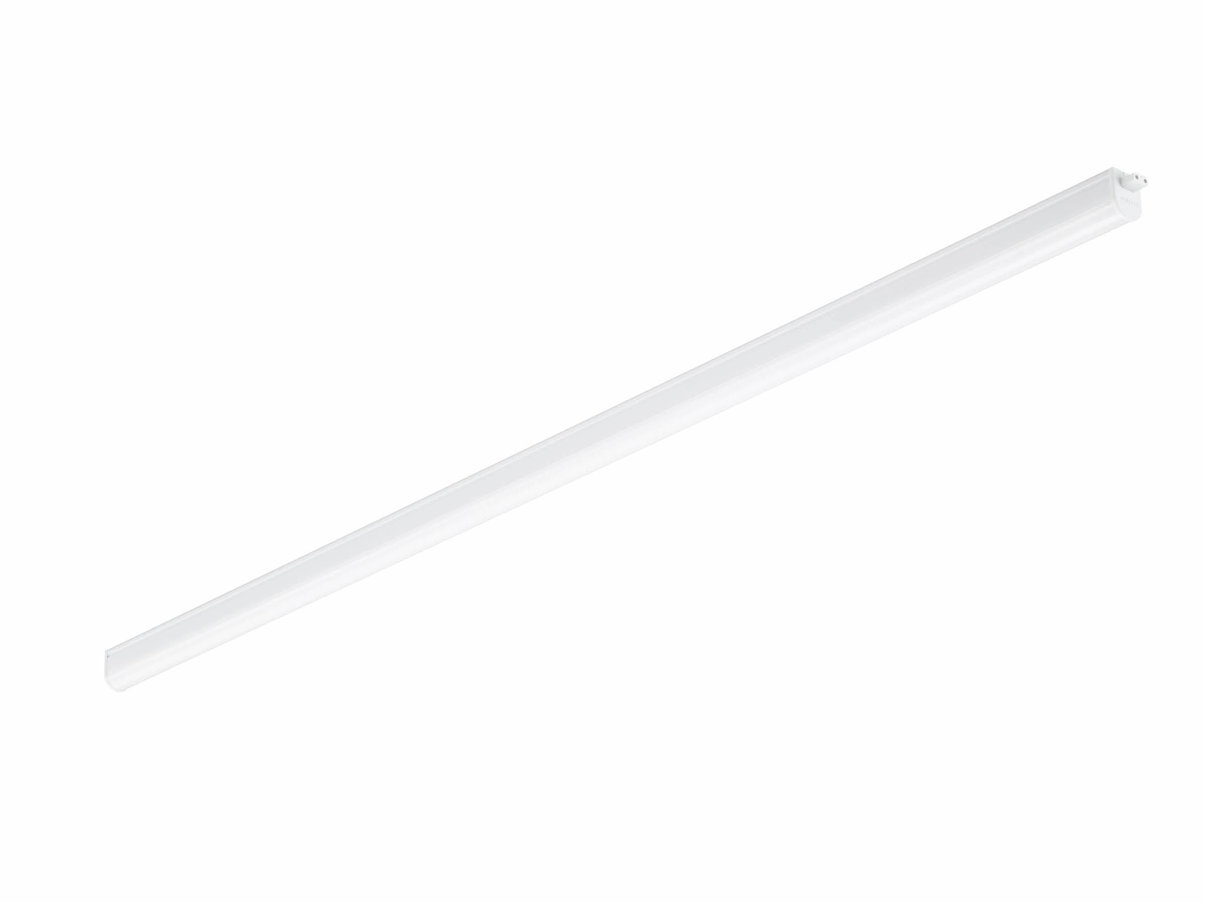 Długa, wąska przezroczysta biała lampa lub tubo LED pokazana po przekątnej na zwykłym białym tle.