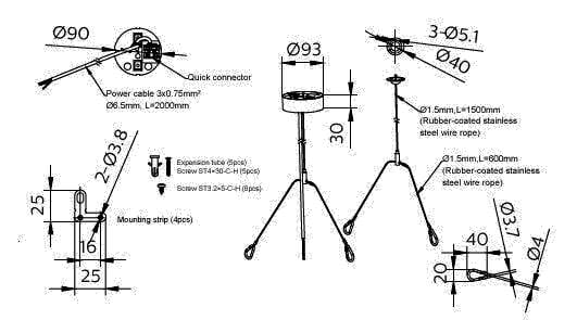 Techniczny diagram mocowania urządzenia zawieszonego na suficie z wymiarami, przedstawiający kabel, szybkozłącze, tuby rozprężne, paski montażowe i stalowe liny ze stali nierdzewnej.