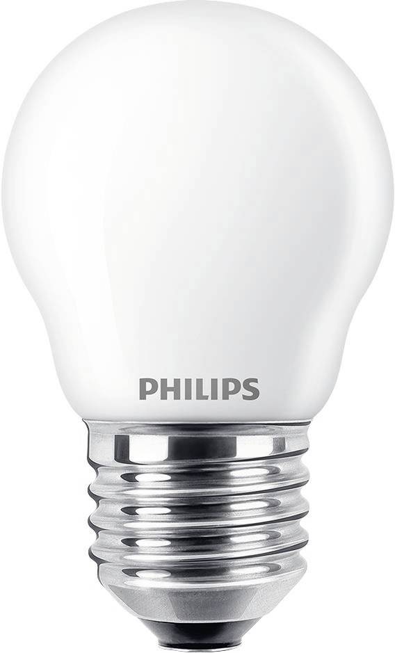 Żarówka LED Philips z matowym białym kloszem i srebrną podstawą śrubową na zwykłym białym tle.