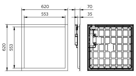 Rysunek techniczny kwadratowego panelu lub pokrywy przedstawiony z widoków z przodu i z boku, z wymiarami oznaczonymi jako 620, 553, 70 i 35 mm.