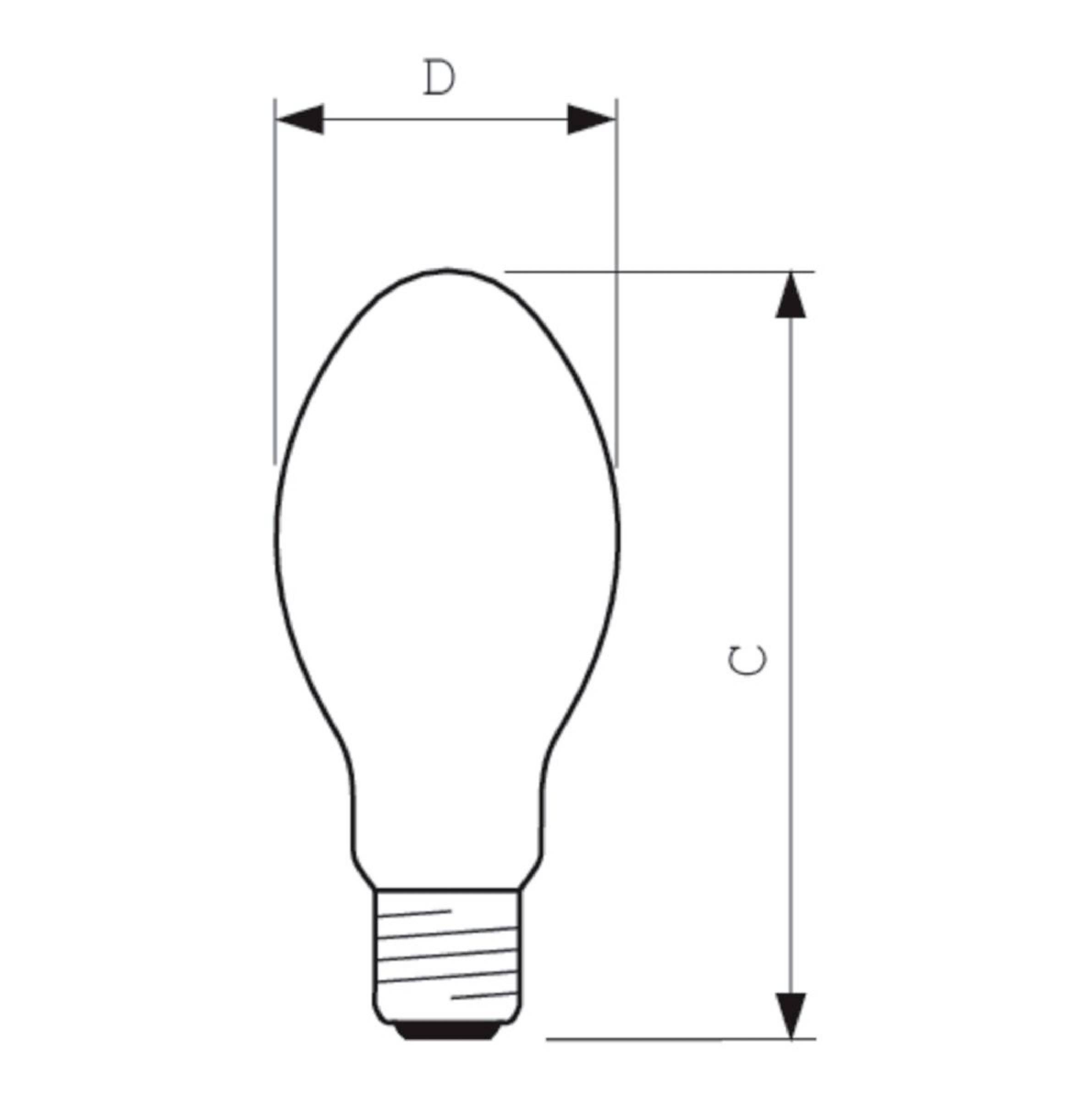 Diagram przedstawiający zarys żarówki ze wskazanymi wymiarami D dla szerokości i C dla całkowitej wysokości.