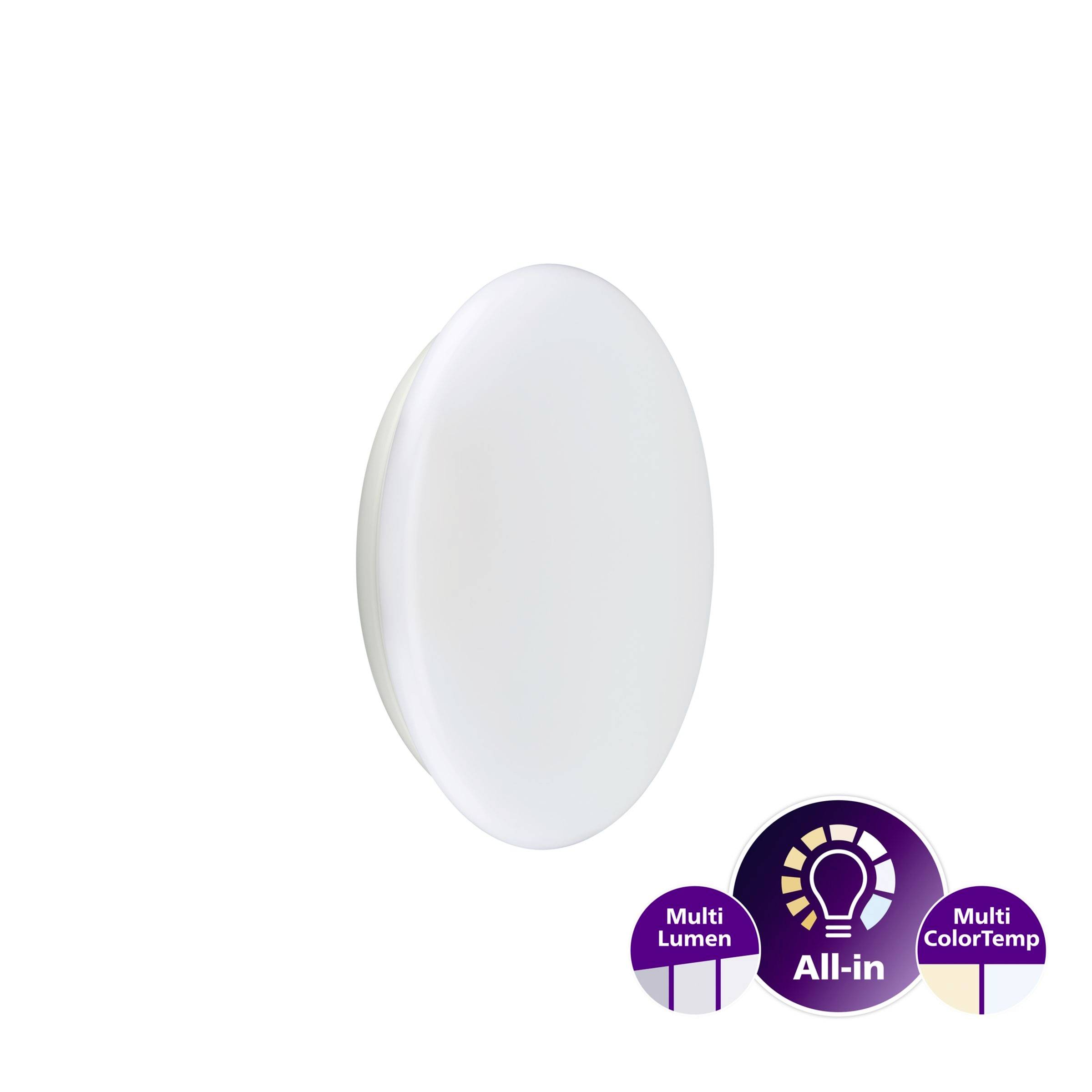 Okrągła biała lampa ścienna z etykietą „All-in" i fioletowymi znaczkami dla „Multi Lumen" i „Multi ColorTemp".