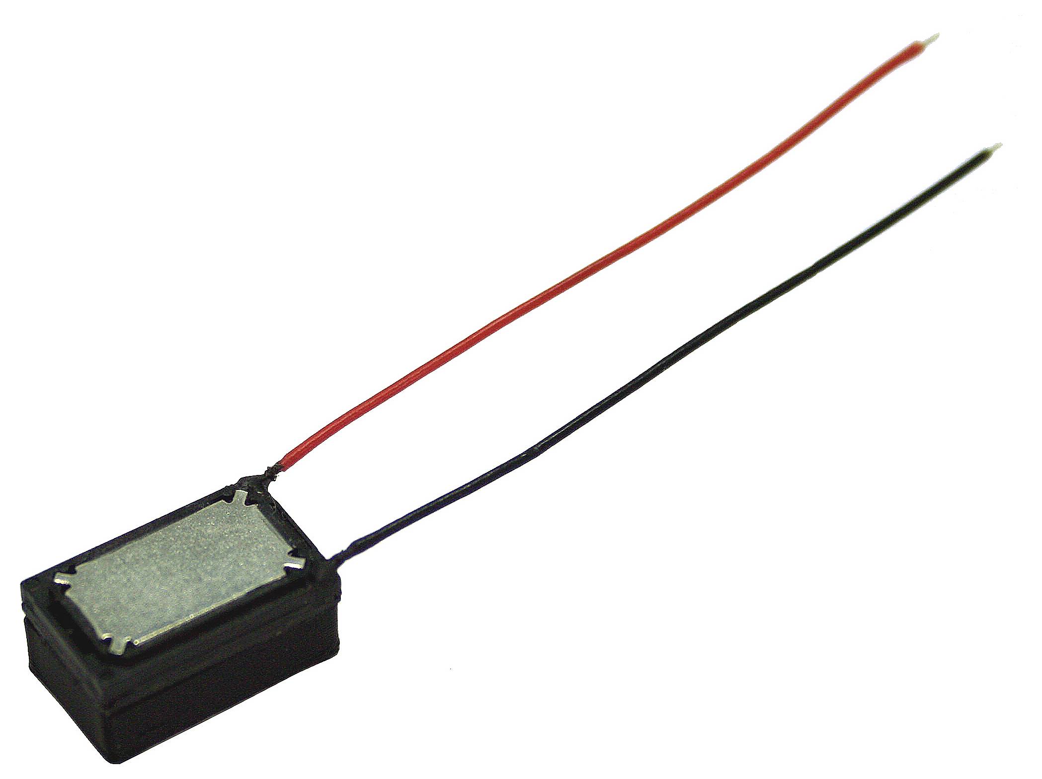 Mały czarny element elektroniczny z dwiema dołączonymi przewodami, jeden czerwony i jeden czarny, pokazany na białym tle.
