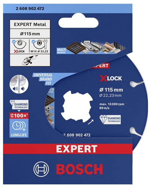 Pakiet tarczy diamentowej do cięcia metalu Bosch Expert Metal X-LOCK 115 mm, zawierający kompatybilne materiały, rozmiary i cechy długowieczności.