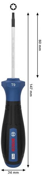 Wkrętak Bosch T9 z niebiesko-czarnym uchwytem, przedstawiony z wymiarami 147 mm długości i 24 mm szerokości.