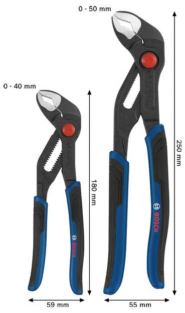 Dwie nastawiane szczypce Bosch pokazane w porównaniu wielkości, jedna 180 mm z rozwarcie szczęk 0–40 mm i szerokością 59 mm, druga 250 mm z rozwarcie szczęk 0–50 mm i szerokością 55 mm.