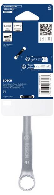 Zestaw bitów nasadowych Bosch 16 mm z obrazami produktu, kodem QR, kodem kreskowym i otorem do zawieszenia na niebiesko-białym opakowaniu.