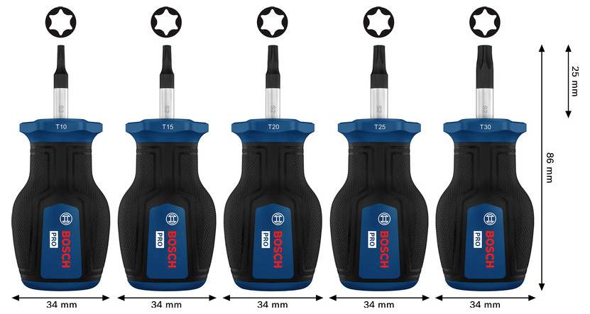 Pięć uchwytów wkrętaków Bosch z rozmiarami bitów T10, T15, T20, T25 i T30; każdy uchwyt ma szerokość 34 mm i wysokość 86 mm, z długością bitu 25 mm.