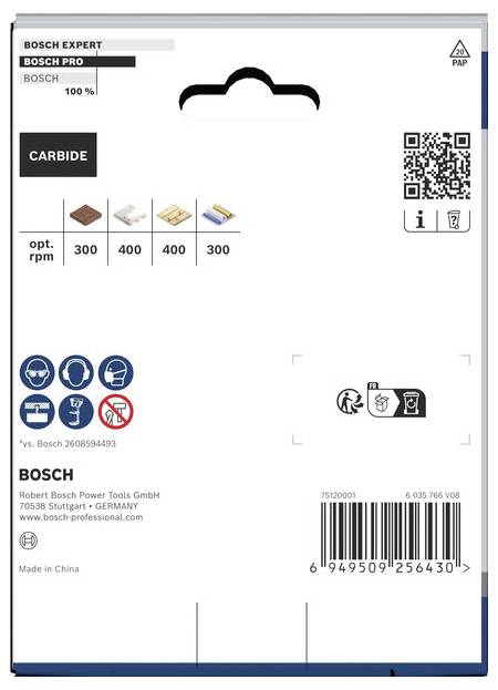Przednia strona opakowania narzędzia Bosch Expert Carbide z logo Bosch, Bosch Pro, kodem QR, ikonami węglika, optymalnym obrotami 300/400/400/300 i kodem kreskowym.