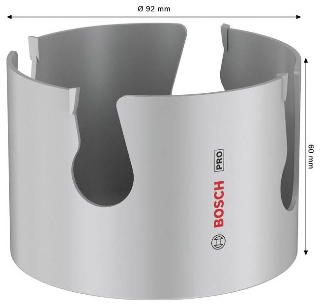 Piła otworowa Bosch PRO, srebrny cylindryczny nóż, średnica 92 mm i wysokość 60 mm, z bocznym otworami do usuwania wiercenia.
