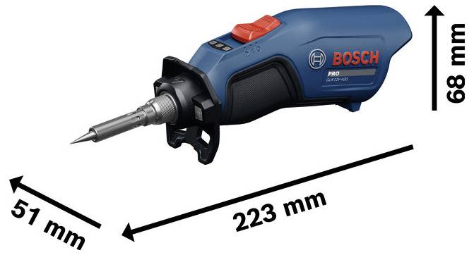 Bezprzewodowa lutownica Bosch pokazana z wymiarami: 223 mm długości, 68 mm wysokości i 51 mm szerokości.