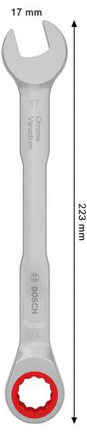 Zbliżenie klucza płasko-oczkowego BOSCH, rozmiar 17 mm, pokazanego pionowo z całkowitą długością zaznaczoną 223 mm.