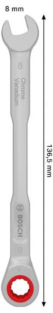 Kluczyk otwarty-zamknięty ze stali chromowanej z wanadowo firmy Bosch 8 mm, pokazany w pozycji pionowej z zaznaczoną długością 136,5 mm.