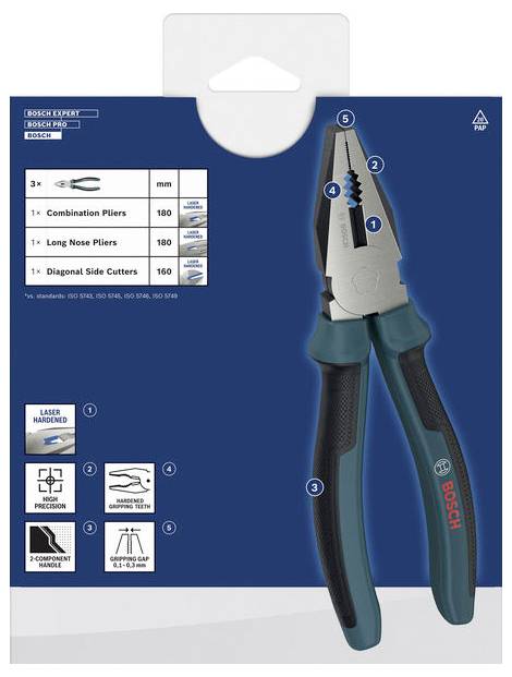 Pakiet obcinaków uniwersalnych Bosch Expert pokazujący narzędzie, tabelę rozmiarów oraz ikony dla laserowo hartowanych krawędzi, wysokiej precyzji i ergonomicznego uchwytu dwuskładnikowego.