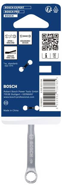 Etykieta opakowania zestawu kluczy Bosch Expert z kodem QR, cechami produktu, brandingiem Bosch, kodem kreskowym i widocznym kluczem przez przezroczystą blistrę
