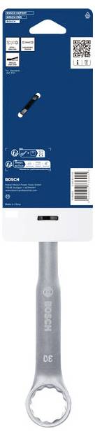 Klucz nasadowy Bosch 30 mm z szarą rączką i niebieskim opakowaniem detalicznym, pokazany z przodu z szczegółami produktu i kodem kreskowym.