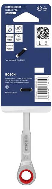 Opakowanie wierzchołka wiertła marki BOSCH pokazujące przypadek Bosch Expert/PRO z kodem QR, ikonami produktów i pojedynczym metalowym wierzchołkiem widocznym w blistrze.