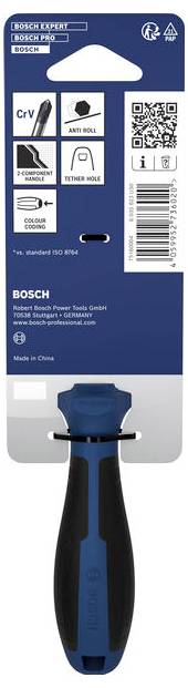 Zestaw piły otworowej do płyt gipsowych Bosch Expert Pro z niebiesko-czarnym narzędziem ręcznym, zawieszony na karcie detalicznej z kodem QR i szczegółami produktu.