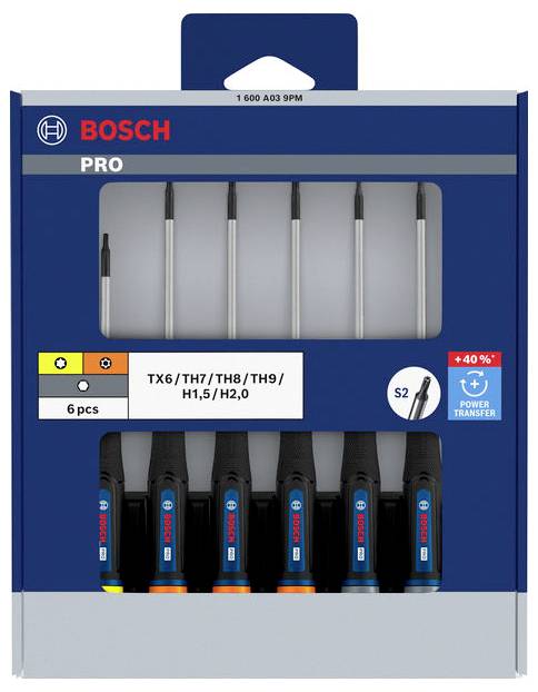 Zestaw śrubokrętów Bosch Pro 6-częściowy w niebieskim opakowaniu, oznaczony TX6/T7/T8/T9/H1,5/H2,0, ze stali S2 i funkcjami Power Transfer.