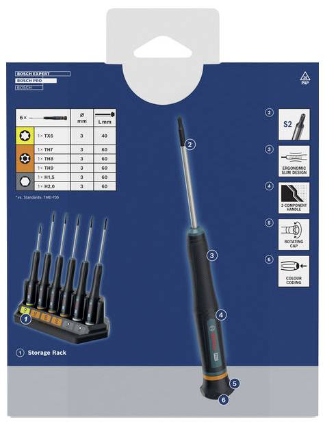 Pakiet produktu dla wkrętaków Bosch Expert, przedstawiający zestaw 6 sztuk w stojaku do przechowywania wraz z tabelą rozmiarów/specyfikacji i opisanymi funkcjami.