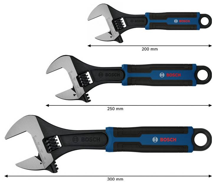 Trzy nastawne klucze Bosch pokazane w rozmiarach 200 mm, 250 mm i 300 mm.