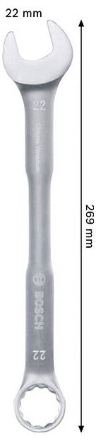 Szary klucz płaski-oczkowy Bosch 22 mm, oznaczony jako długości 269 mm, pokazany w pozycji pionowej na białym tle.
