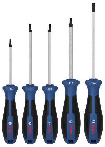 Pięć śrubokrętów Bosch Torx ułożonych według wielkości, oznaczonych T10, T15, T20, T25 i T30.