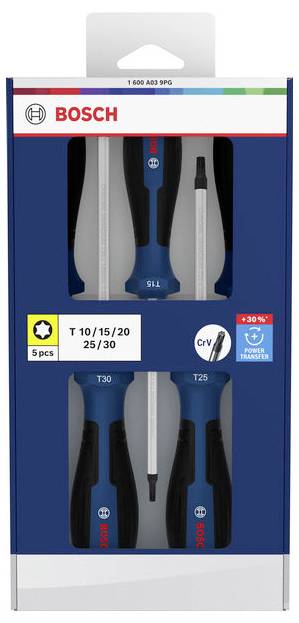 Zestaw 5-częściowy wkrętaków Bosch w opakowaniu detalicznym, pokazujący dwa wkrętaki płaskie i trzy wkrętaki Torx o rozmiarach T10/T15/T20/T25/T30.