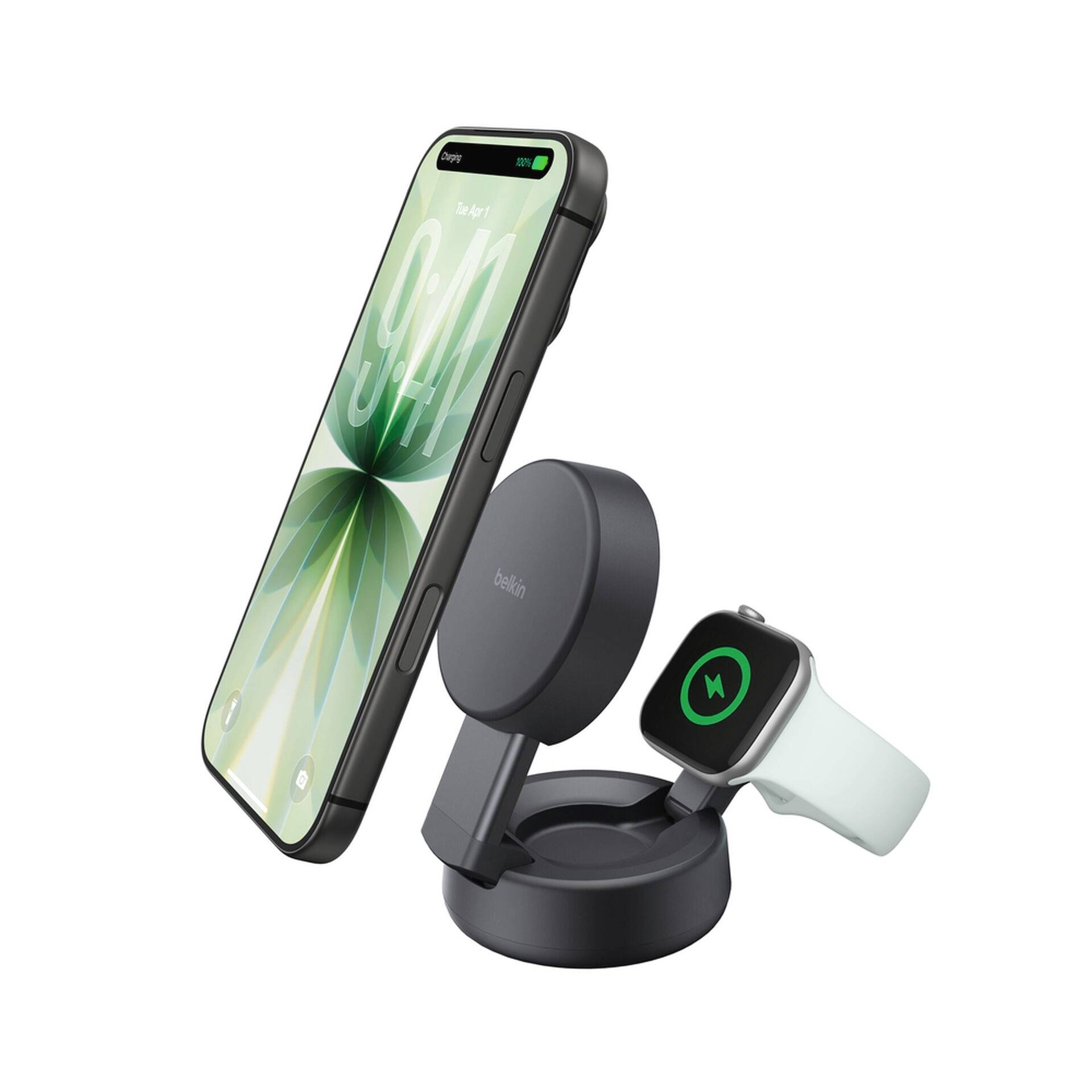 Bezprzewodowa stacja ładowania z magnetyczną podkładką ładującą przytrzymującą iPhone'a i Apple Watcha na czarnej podstawie.