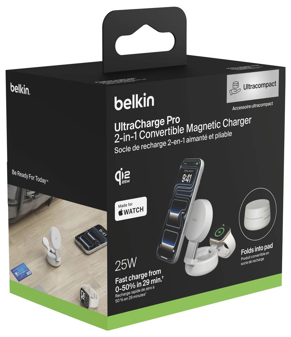 Belkin UltraCharge Pro 2-w-1 Konwertowalna Magnetyczna Ładowarka box, z obrazami produktu i etykietami pokazującymi szybkie ładowanie 25W i kompatybilność z Apple Watch.