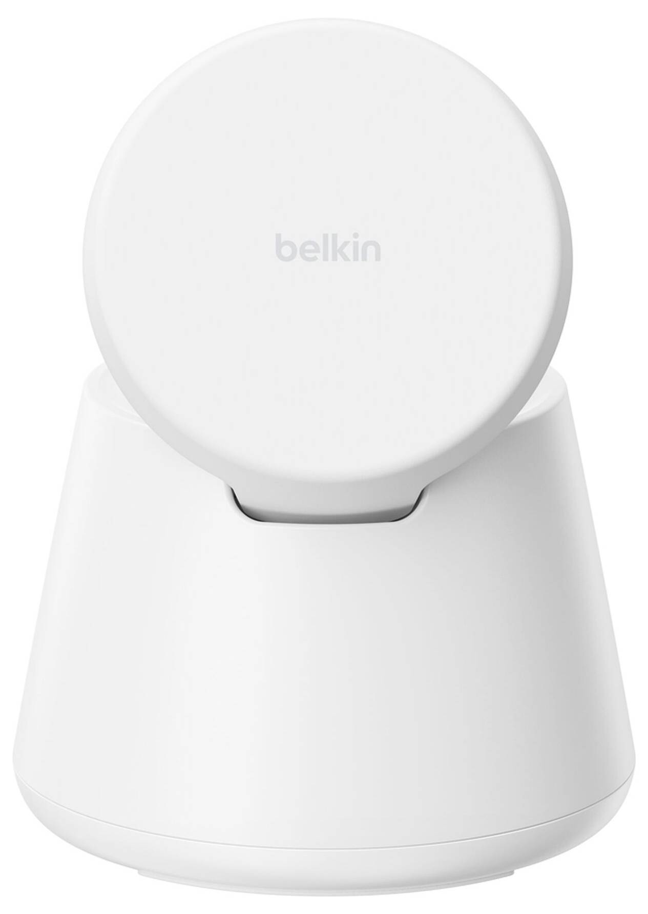Biała stacja do ładowania bezprzewodowego Belkin z okrągłą tarczą ładującą na zwężającej się podstawie, pokazana od frontu na białym tle.