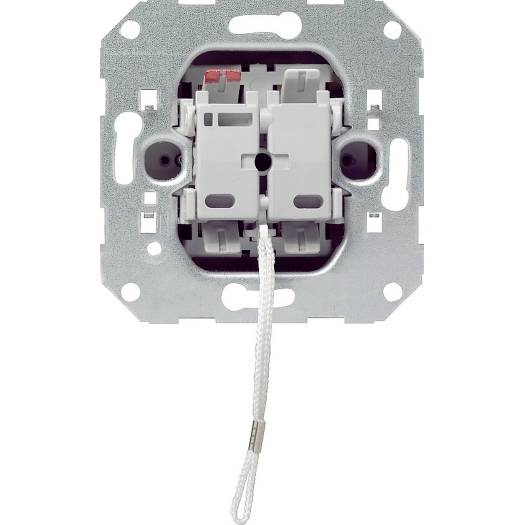 Zbliżenie mechanizmu włącznika ściennego z metalową płytką montażową, zwisającą sznurkiem do pociągnięcia i białymi komponentami włącznika na zwykłym tle.