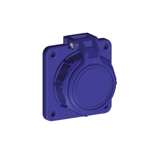 Fioletowe gniazdo elektryczne przemysłowe lub złącze ścienne, widok z przodu, kwadratowa obudowa z okrągłym pokrowcem ochronnym.