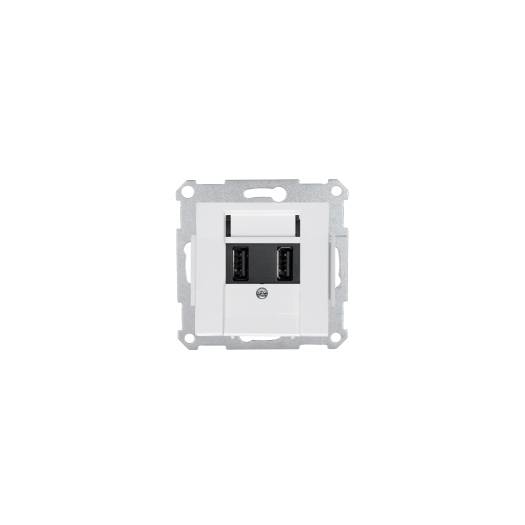 Biały plastikowy panel gniazda elektrycznego na ścianę z dwoma portami USB wyśrodkowanymi na zwykłym białym tle.