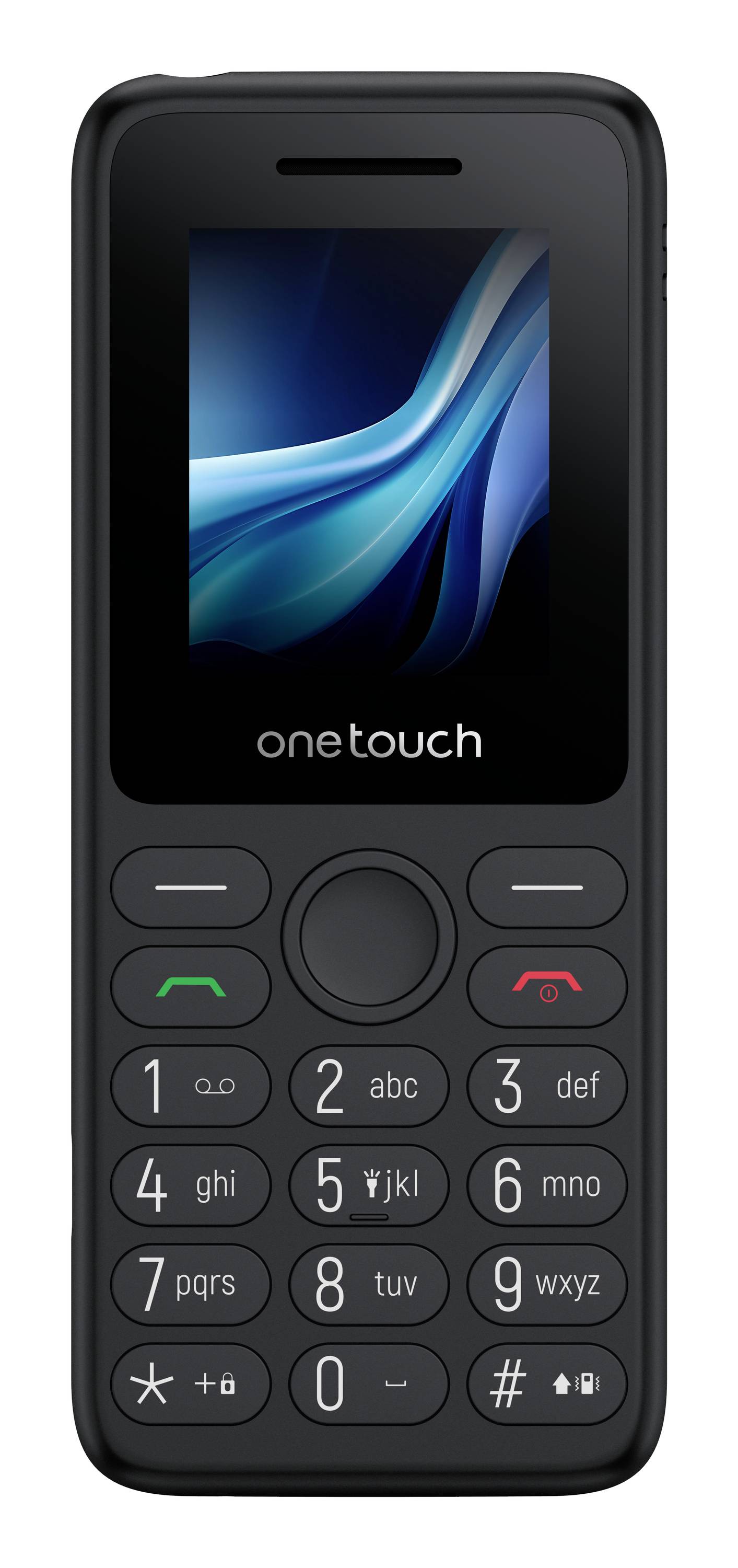 Widok z przodu czarnego telefonu funkcyjnego Alcatel OneTouch z małym ekranem, centralnym przyciskiem nawigacyjnym i fizyczną klawiaturą z przyciskami połączenia i zakończenia rozmowy.