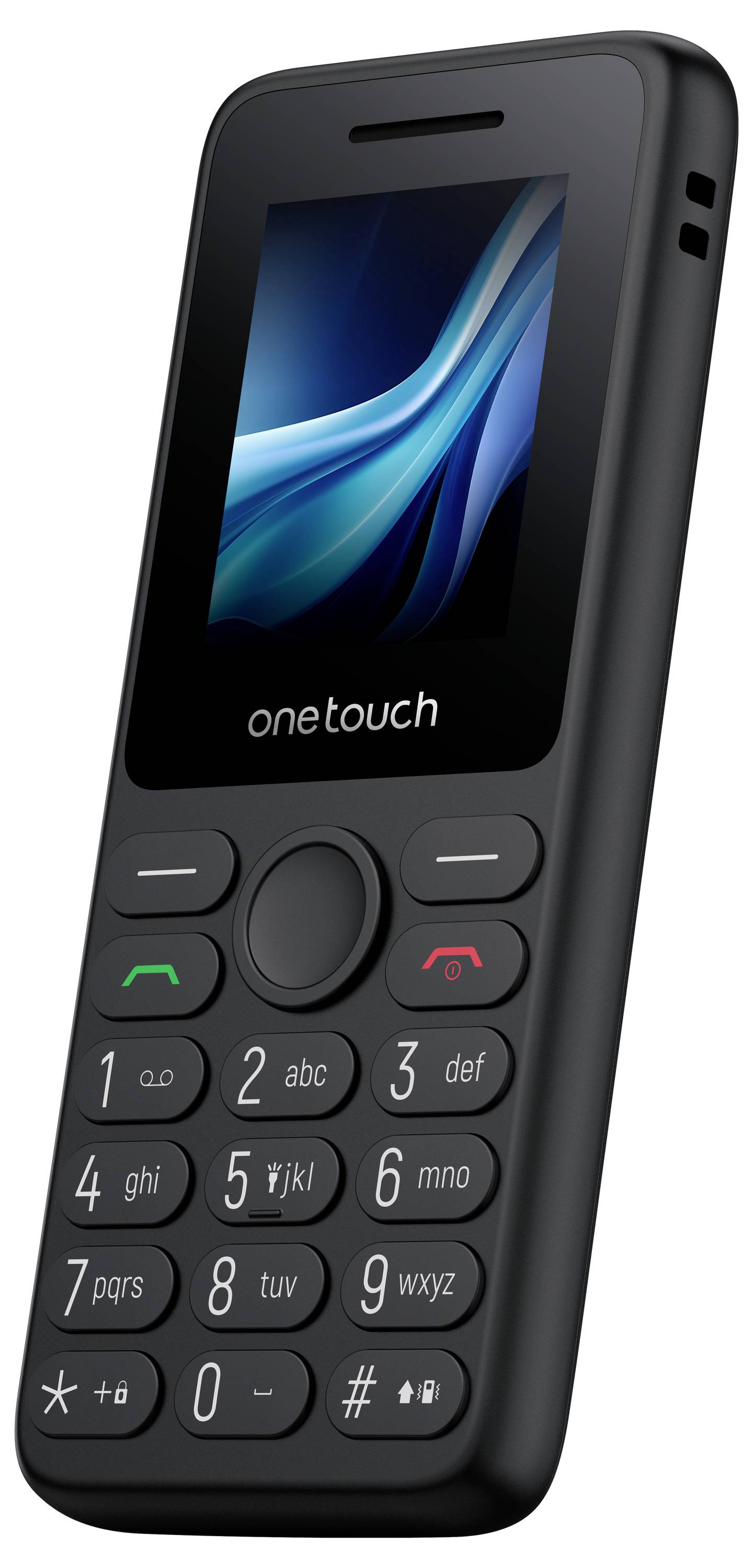 Czarny telefon Alcatel "onetouch" z kategorii feature phone pokazany w widoku frontalnym z ekranem, klawiaturą, przyciskami rozmowy/zakończenia oraz przyciskiem nawigacji.