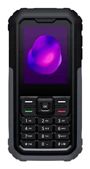 Wytrzymała czarna telefon komórkowa z małym kolorowym wyświetlaczem i fizyczną klawiaturą, pokazana w widoku z przodu na białym tle.