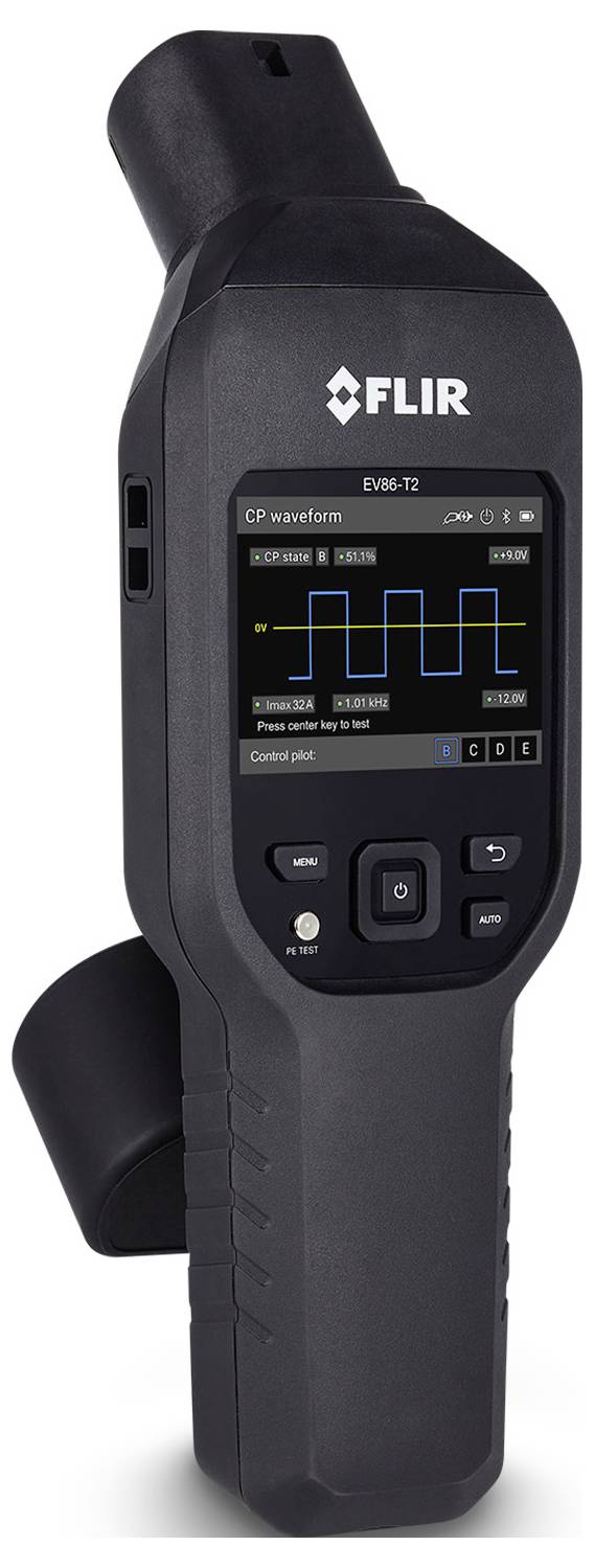 Kamera termiczna FLIR EV12 do inspekcji przenośnej wyświetlająca monitor z wykresem przebiegu CP oraz przyciski sterujące na przedzie