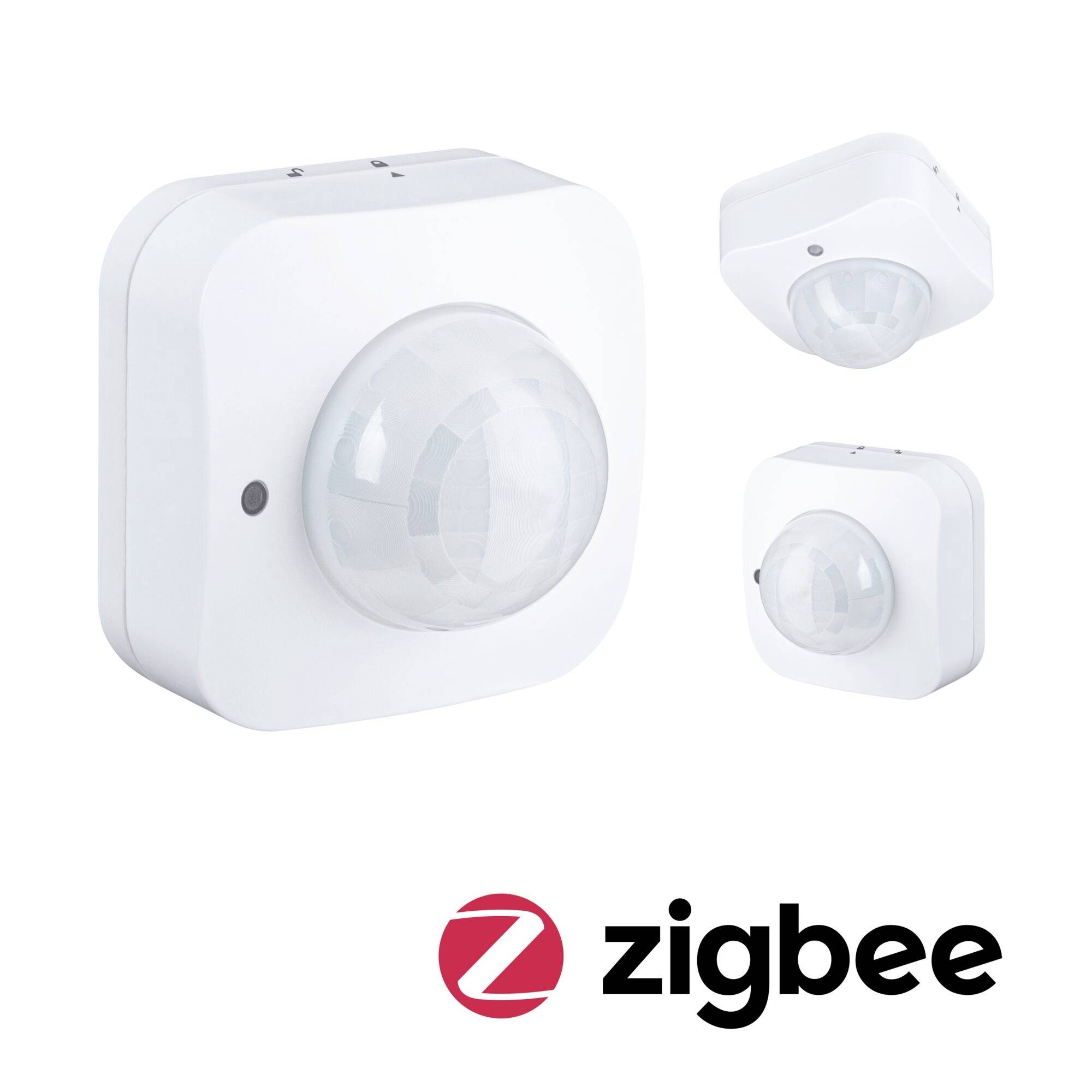 Biały czujnik ruchu Zigbee z kopułkowatym obiektywem PIR pokazany z trzech kątów, z logo Zigbee poniżej.