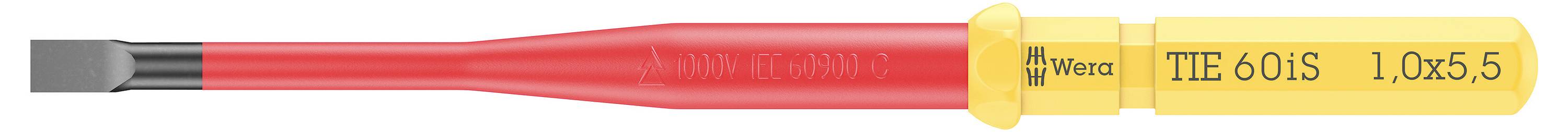 Śrubokręt Wera Tie 60i w kolorze czerwono-żółtym z czerwonym uchwytem i żółtą nasadką końcową, ukazany w pozycji poziomej.