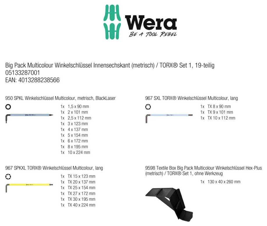 Zestaw narzędzi Wera - opakowanie Big Pack wielokolorowe klucze sześciokątne i TORX, zestaw 1, 19-elementowy, z rozmiarami i czarnym etui zawartym w zestawie.