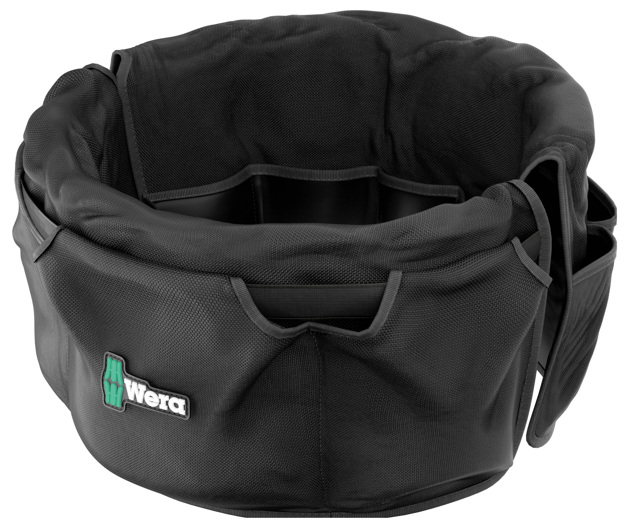 Czarna torba narzędziowa Wera z wyściełanym otwartym brzegiem i uchwytami do noszenia, pokazana na białym tle.