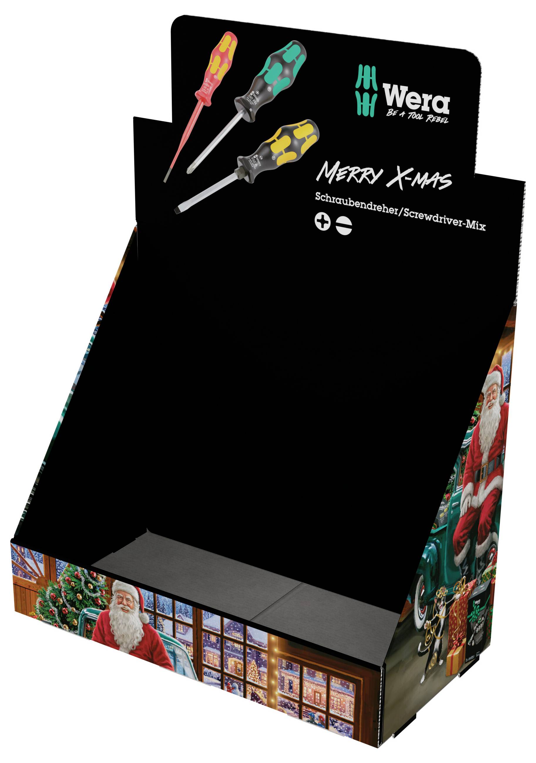 Pudełko prezentowe Wera na Boże Narodzenie do ekspozycji zestawu wkrętaków, z trzema wkrętakami pokazanymi na obrazie i tekstem "Merry X-Mas" na czarnym opakowaniu.