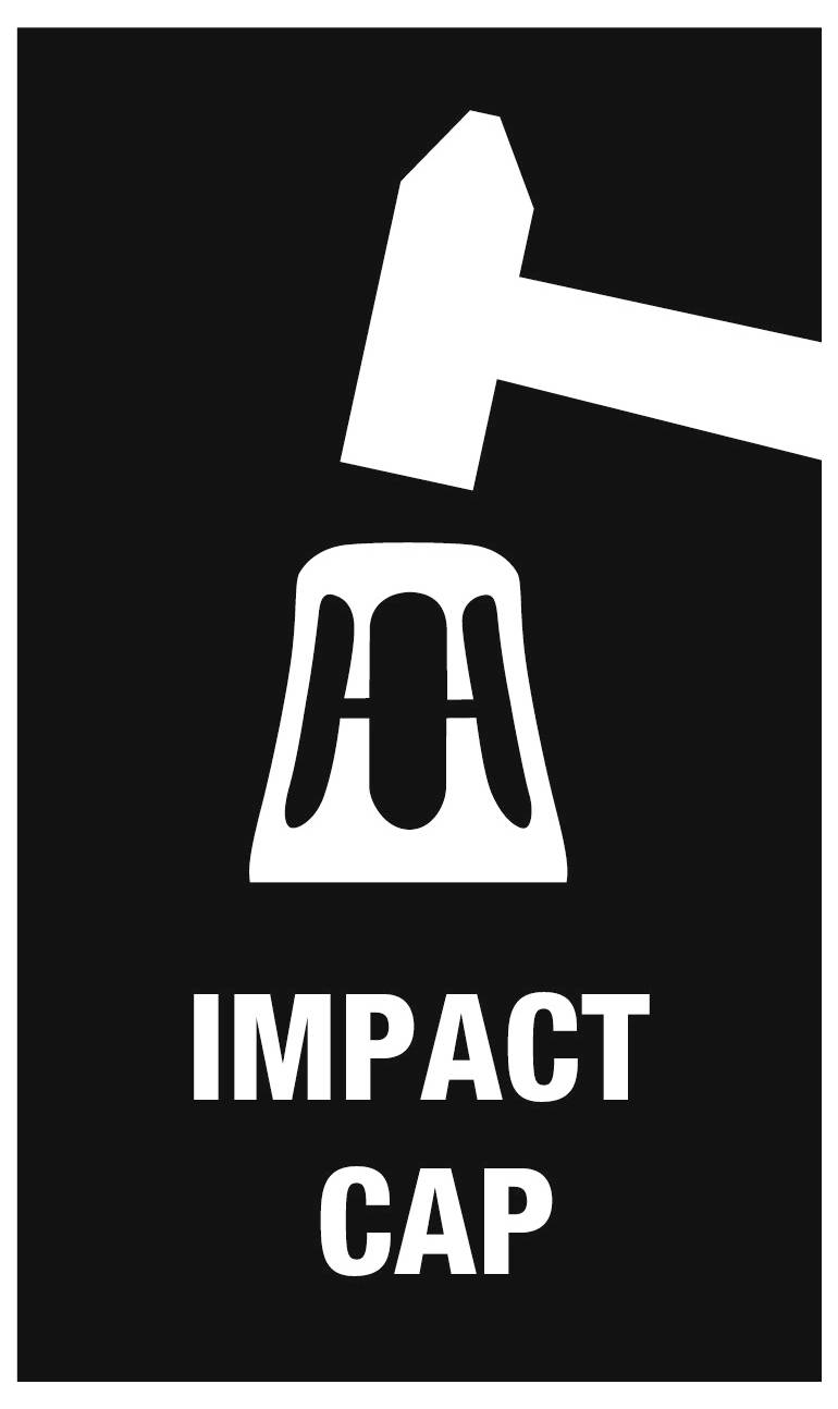 Biały młotek uderzający w czapkę ikonę nad słowami 'IMPACT CAP' na czarnym tle, wskazujący na funkcję bezpieczeństwa lub narzędzia.