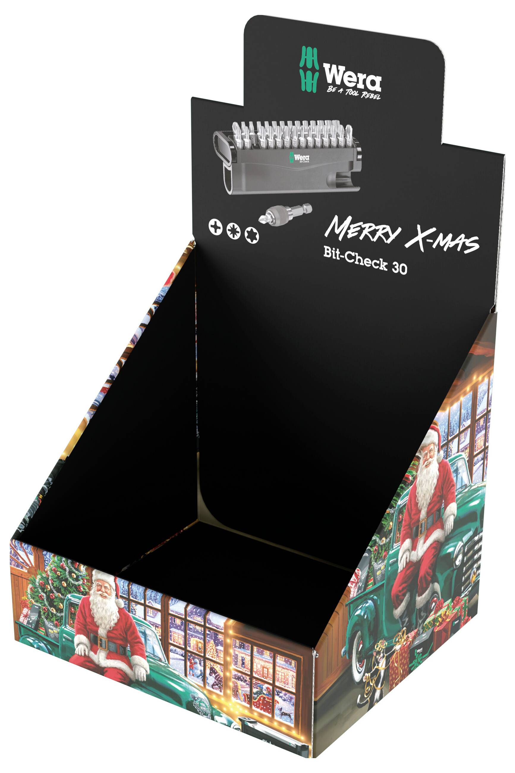 Czarne pudełko wyświetlające Wera Bit-Check 30 z napisem „Merry Xmas" i bożonarodzeniową grafiką Świętego Mikołaja, pokazane otwarte i puste.