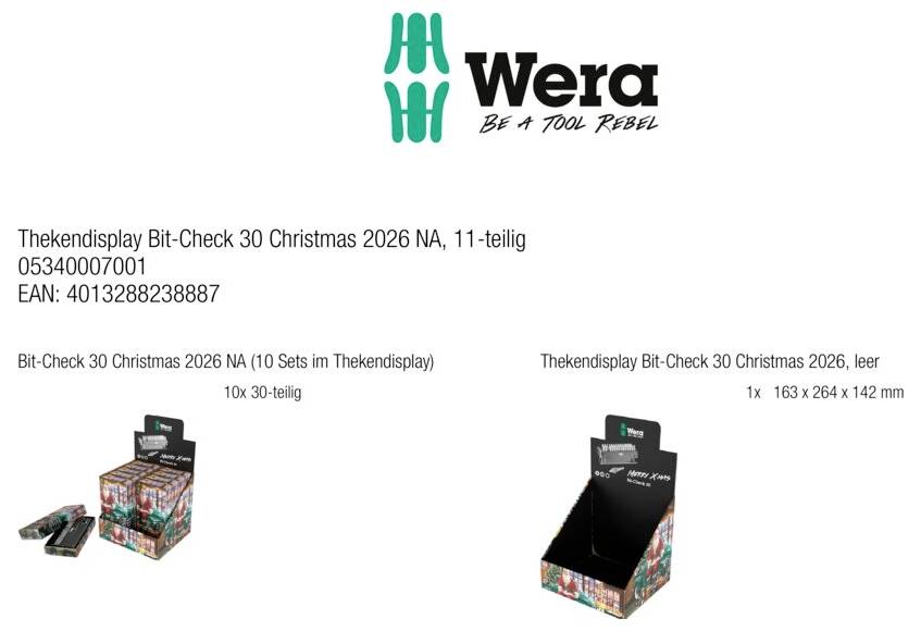 Prezentacja produktu Wera dla Bit-Check 30 Christmas 2026 NA, przedstawiająca 10-zestawową ekspozycję na ladzie i pustą deskę ekspozycyjną z kodem produktu i kodem EAN.