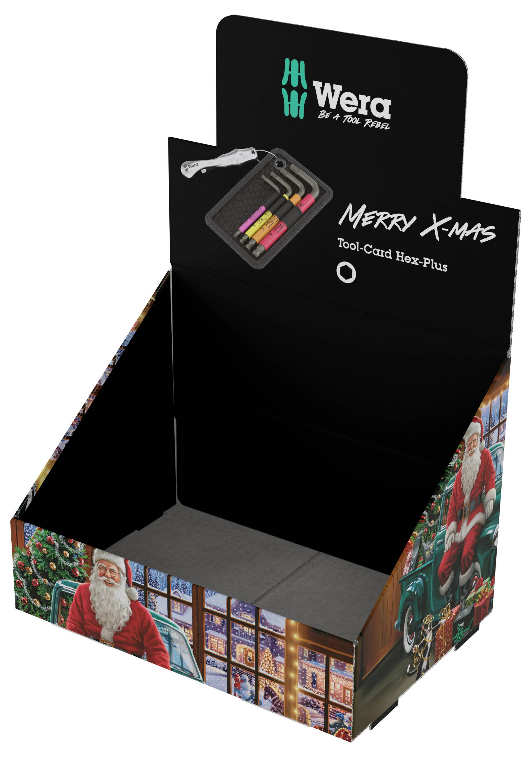 Stanowisko wystawowe z tektury w tematyce Bożego Narodzenia dla Tool-Check Hex-Plus, z wizerunkiem małego zestawu narzędziowego i brandingiem „MERRY X-MAS".