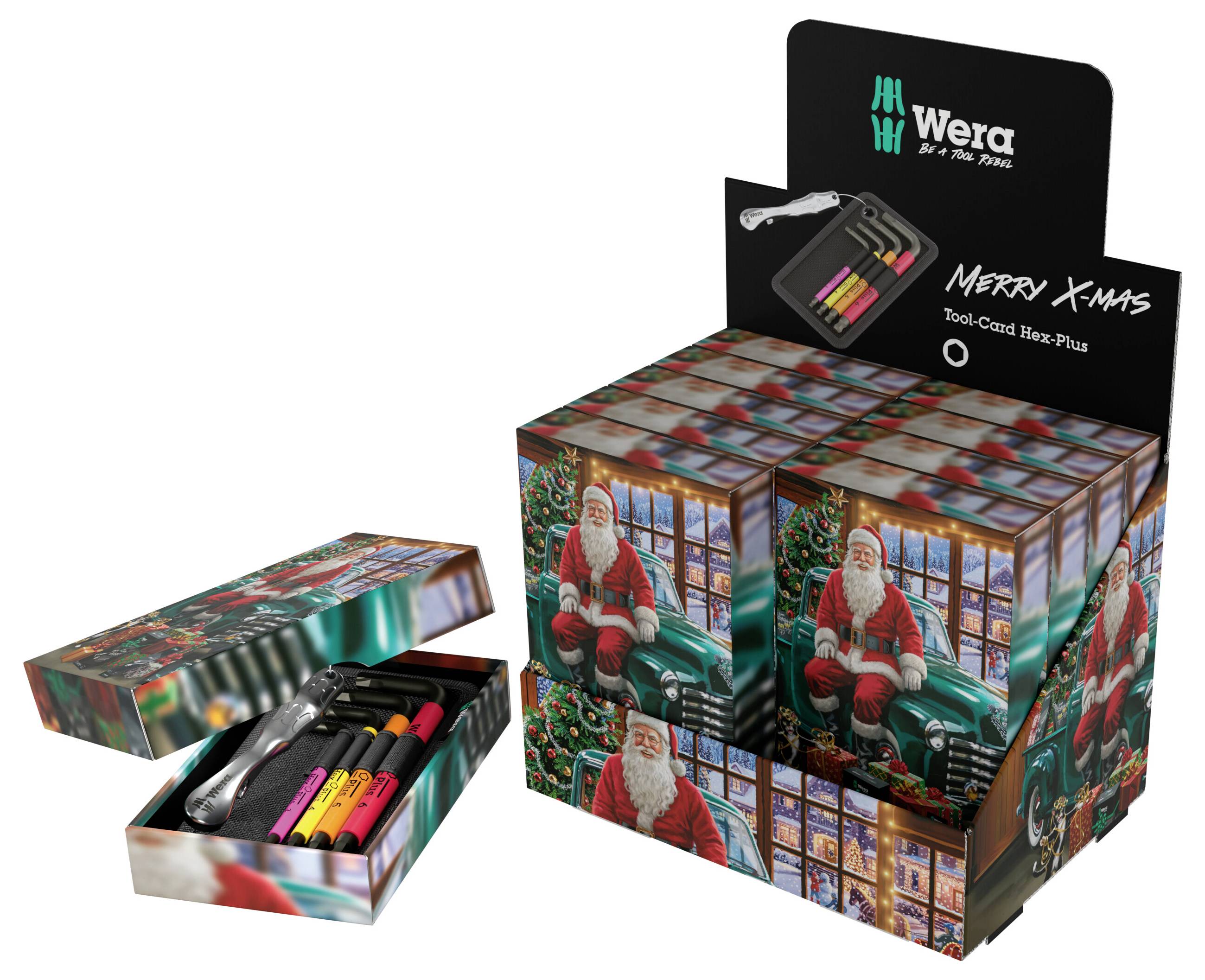 Zestaw prezentowy Wera Merry Xmas Tool-Check Hex-Plus w świątecznym opakowaniu w motywie Świętego Mikołaja, z otwartym etui pokazującym narzędzia heksagonalne i akcesoria.
